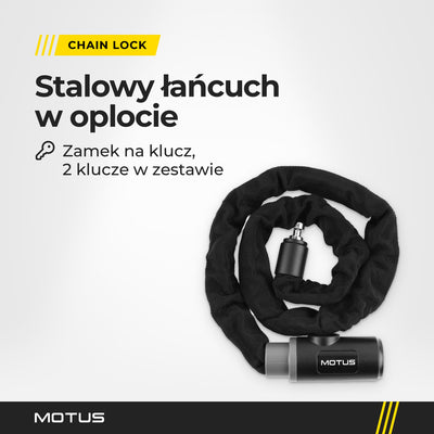 Łańcuch antykradzieżowy MOTUS: stalowy łańcuch w osłonie z tkaniny nylonowej i zamek na klucz z logo MOTUS.