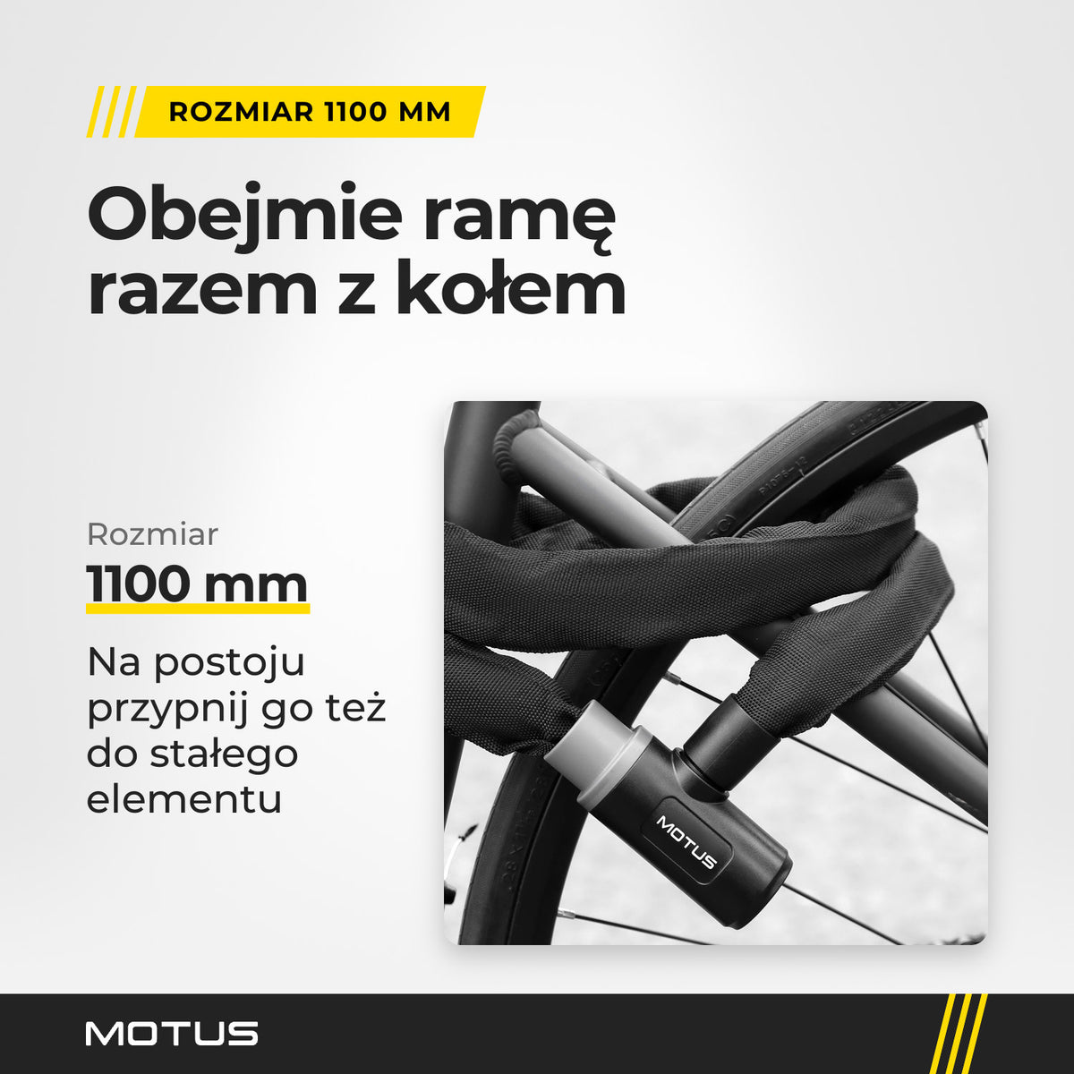 Łańcuch MOTUS owinięty wokół ramy i obręczy koła roweru, zamek na klucz z logo MOTUS.