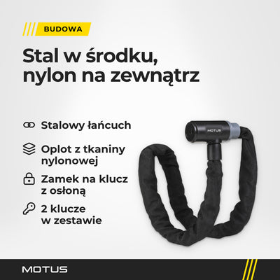 Łańcuch MOTUS w pętli: stalowy łańcuch w oplocie z tkaniny nylonowej, zamek na klucz z osłoną mechanizmu i 2 klucze.