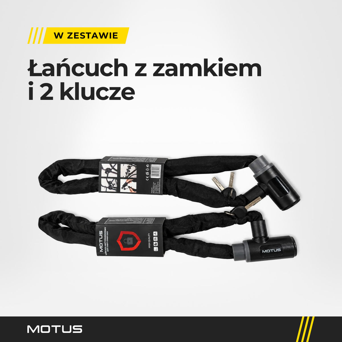 Dwa łańcuchy MOTUS w banderolach z napisem Łańcuch antykradzieżowy, przód i tył opakowania, przy zamku 2 klucze.