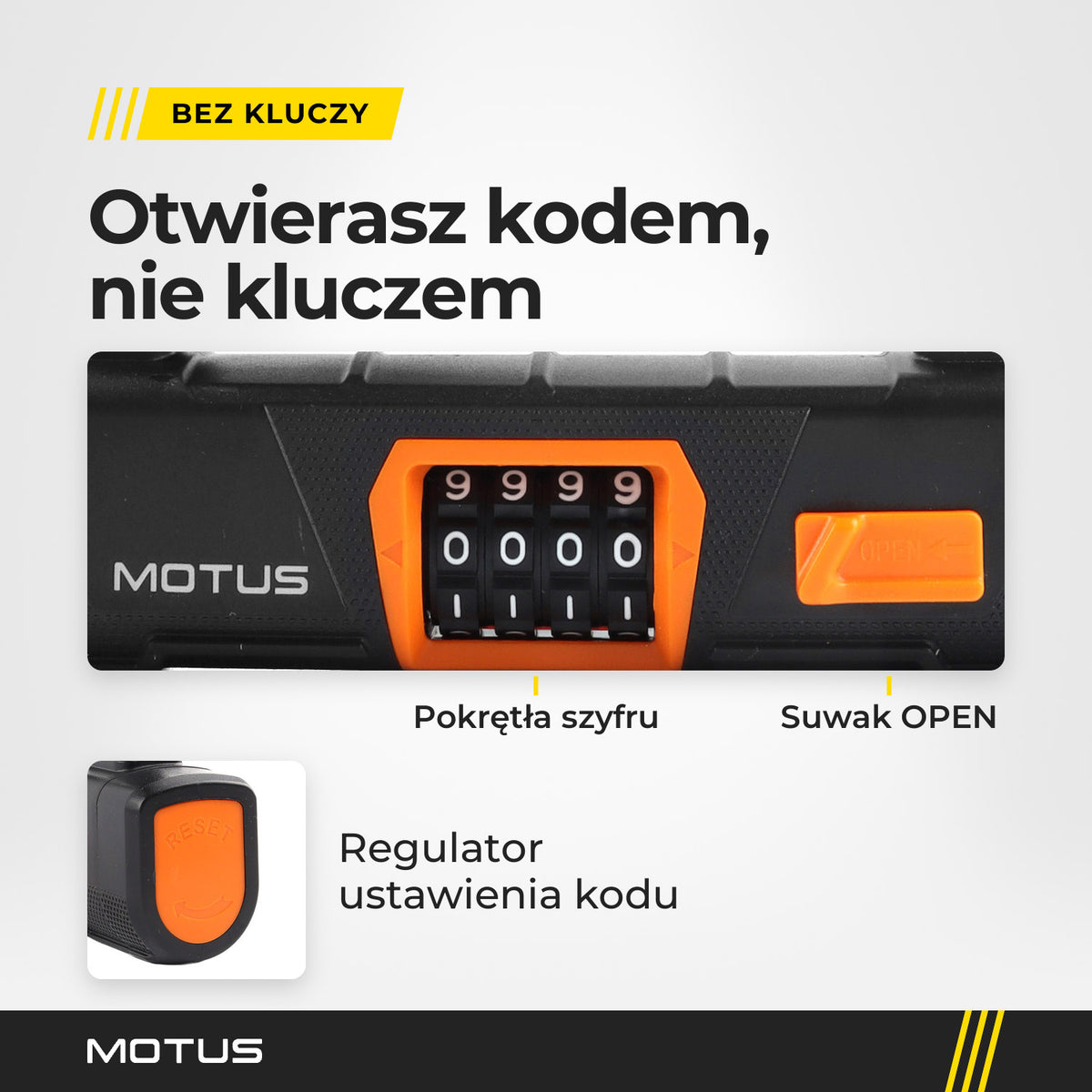 Zamek szyfrowy zapięcia MOTUS U-Lock z bliska: pokrętła szyfru, suwak OPEN i regulator ustawienia kodu z napisem RESET.