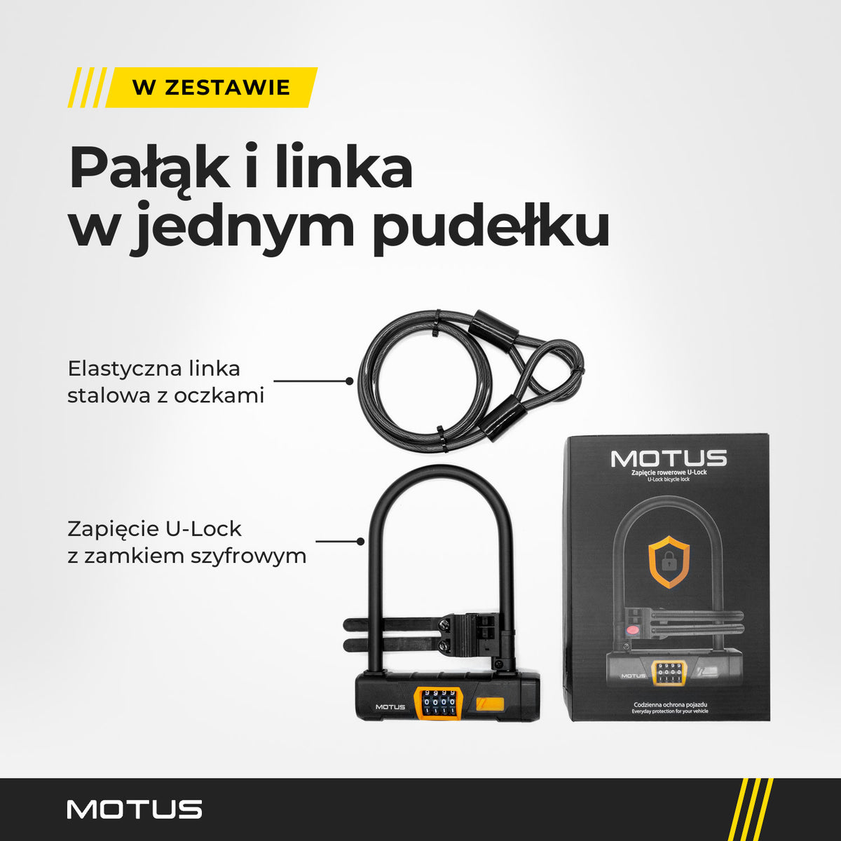 Zawartość zestawu MOTUS U-Lock: zapięcie z zamkiem szyfrowym, elastyczna linka stalowa z oczkami i pudełko.