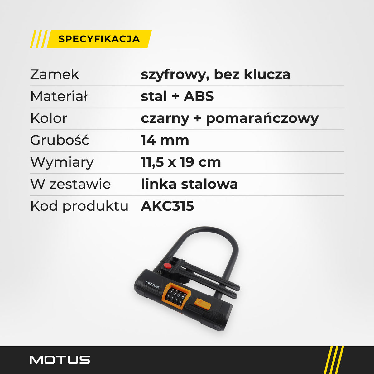 Specyfikacja zapięcia MOTUS U-Lock: zamek szyfrowy, stal i ABS, kolor czarny z pomarańczowym, grubość 14 mm, wymiary 11,5 x 19 cm.