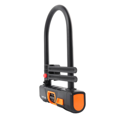 Zapięcie MOTUS U-Lock, widok 3/4 z prawej: pomarańczowa zaślepka z napisem RESET na końcu zamka.