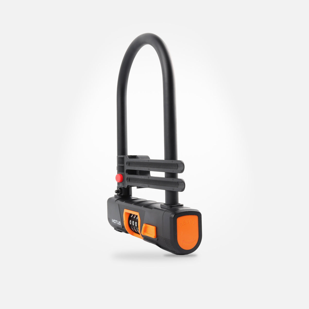 Zapięcie MOTUS U-Lock, widok 3/4 z prawej: pomarańczowa zaślepka z napisem RESET na końcu zamka.